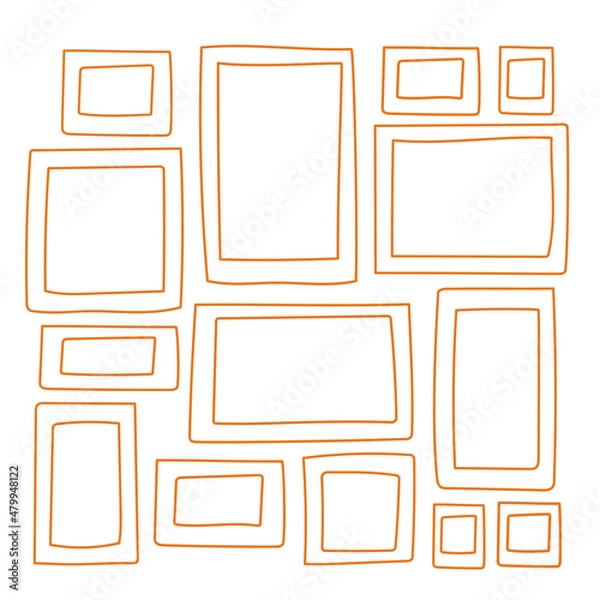 Obraz Set of orange picture frames in doodle style on white background. Vector illustration.
