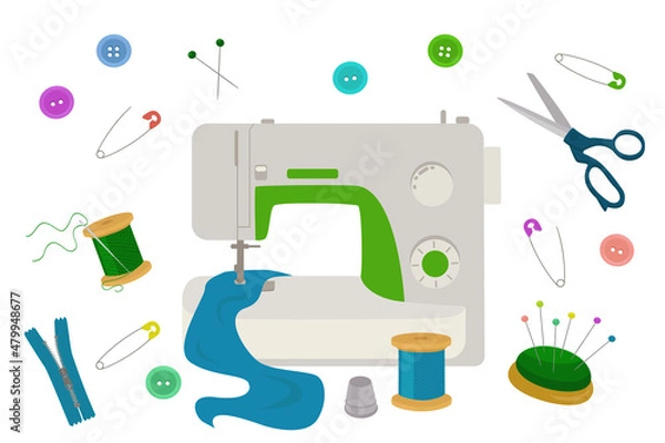 Obraz Modern sewing machine and set of tools for tailoring isolated on a white background. Vector illustration.