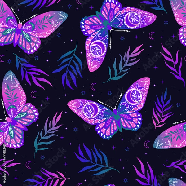 Fototapeta 
Pacific pink seamless pattern with herbs. Boho magic background with space elements stars, butterflies. Vector doodle texture.