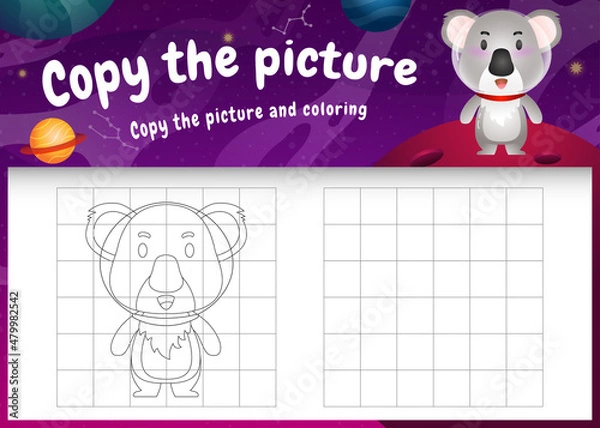 Fototapeta copy the picture kids game and coloring page with a cute koala in the space galaxy