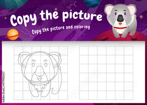 Fototapeta copy the picture kids game and coloring page with a cute koala in the space galaxy