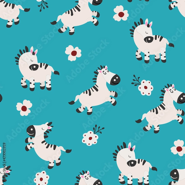 Obraz Seamless pattern with cute hand drawn zebras and flowers. Design for fabric, textile, wallpaper, packaging, decorating a nursery.