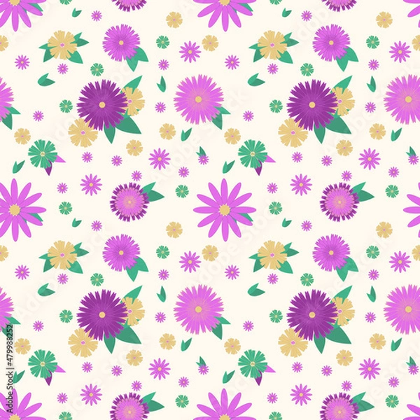 Fototapeta Seamless pattern with floral pattern in pink, purple and pastel colors for fabric or wrapping paper. Vector illustration.