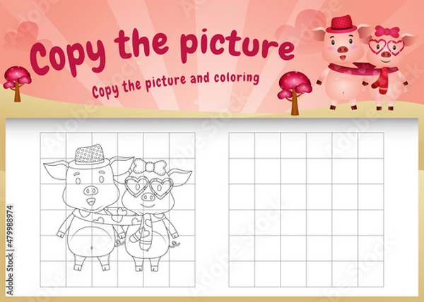 Fototapeta copy the picture kids game and coloring page with a cute pigs using valentine costume