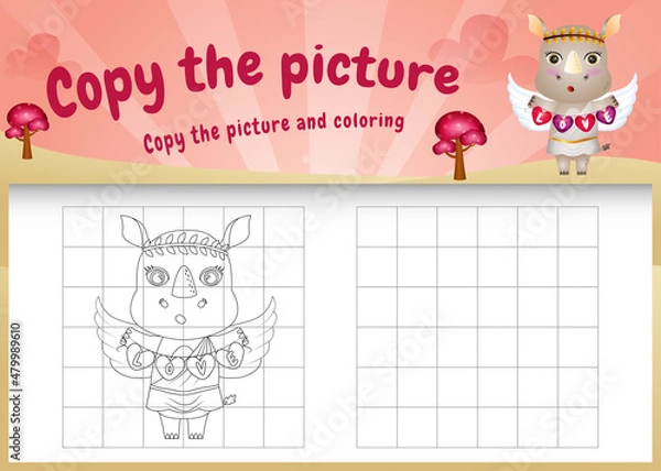 Fototapeta copy the picture kids game and coloring page with a cute rhinos using valentine costume