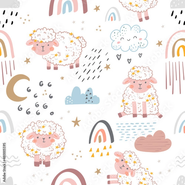 Fototapeta Seamless pattern with cute sheep, moon, clouds. Creative good night background. Perfect for kids apparel,fabric, textile, nursery decoration,wrapping paper.Vector Illustration