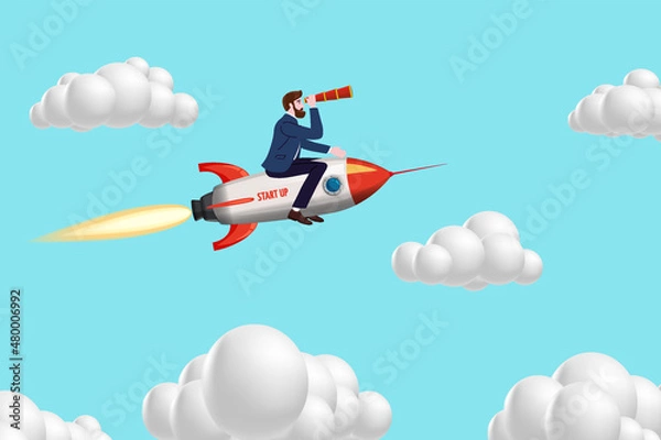 Fototapeta Businessman on a rocket fly through sky. Start up, goal achievement metaphors. Clouds background. Vector illustration
