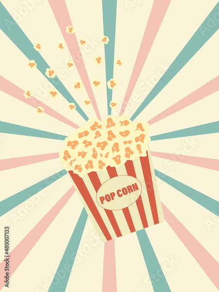 Fototapeta Popcorn. A large box with red and white stripes. A night movie icon in a movie theater. Popcorn food. Flat design style. Blue background. Isolated. Vector illustration