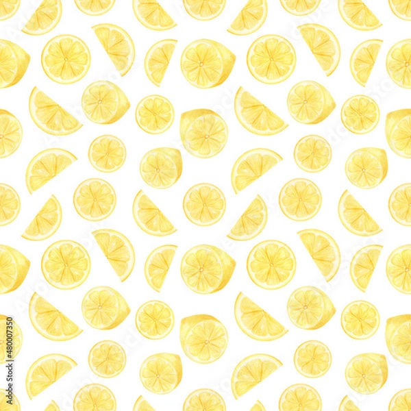 Fototapeta Watercolor lemons seamless pattern isolated on white background. Citrus hand-painted background for wallpaper, fabric, covers. 