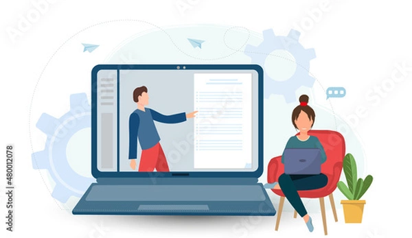 Obraz Young people working with notebook chatting in the internet, online conference concept, distant work concept,online education concept, team communication concept, flat vector illustration