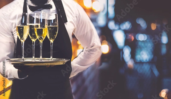 Fototapeta Waiter holding out glasses of sparkling wine at event.