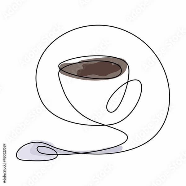 Obraz Continuous line drawing of cup of coffee with spoon. Colorful sketch. Vector illustration.