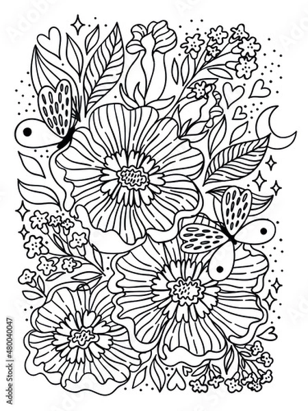 Obraz Flowers drawing and sketch with line-art on white backgrounds. Great for anti stress coloring pages. Zentangl style, art print.