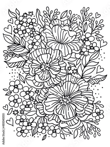 Obraz Flowers drawing and sketch with line-art on white backgrounds. Great for anti stress coloring pages. Zentangl style, art print.