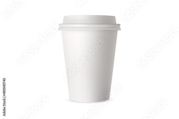 Fototapeta Plastic white cup for coffee, tea, chocolate and other hot drinks. Paper party cup mockup. Disposable Cups set. Take out mugs front view and space for your design.