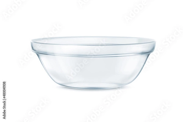 Fototapeta Glass bowl isolated on white background. Close up view of an empty transparent cup. Glass plate 3D rendering model, mixing bowl, glossy dish. Side or front view.