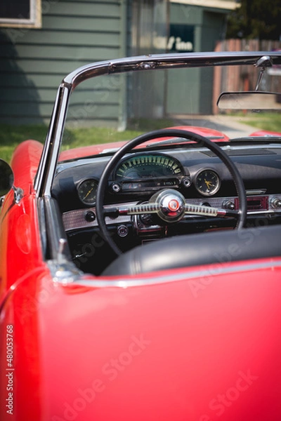 Obraz Red Classic Car Dashboard Closeup
