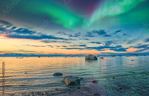 Obraz Sunset on the Cook Inlet in Alaska with the Northern Lights Appearing in the Sky over the Mountains