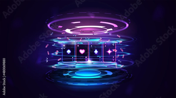 Obraz Neon Casino playing cards with poker chips and hologram of digital rings in dark empty scene