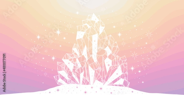 Fototapeta Vector shining precious magic crystal decorated with magician faceted stars light. Illustration Mystical esoteric symbol. Gothic pattern design print card, T-shirt. White on colorful pastel background