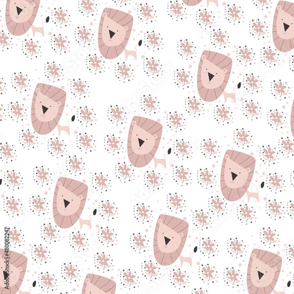 Fototapeta Hand drawn seamless pattern abstract cute lion cartoon premium vector 
for kids and baby. Print on t shirts, fabric, linen, textile and wallpaper background