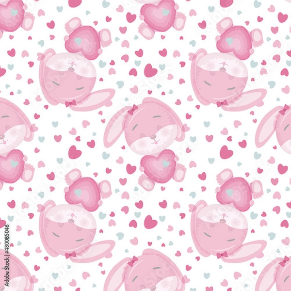 Fototapeta Seamless pattern with a pink little cute bunny hugging a heart.