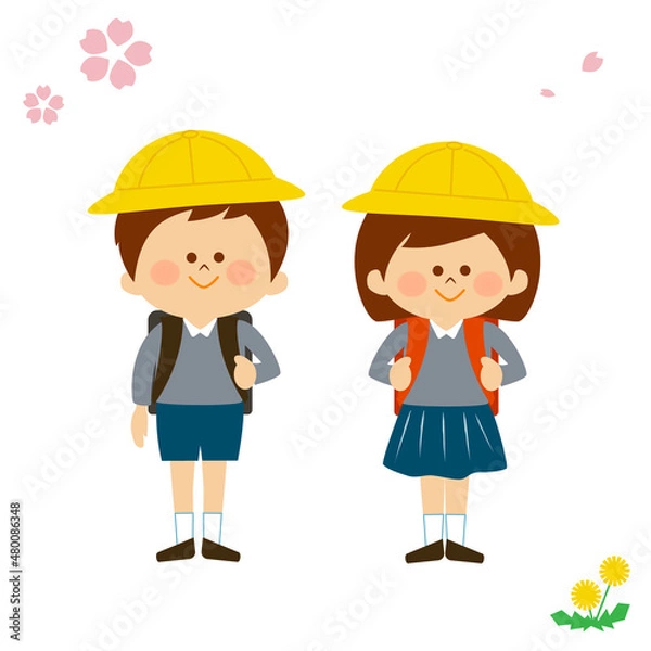Fototapeta 日本のランドセルを背負った小学生の男の子と女の子