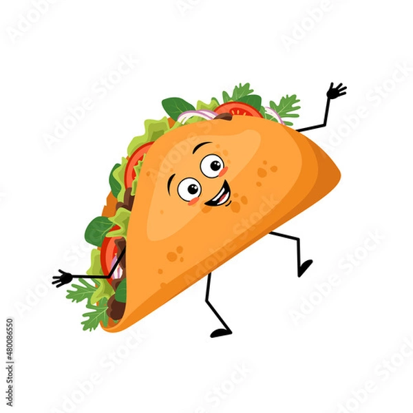 Fototapeta Cute character mexican taco with happy emotions, face, smile, eyes, arms and legs. Cheerful fast food person is dancing, sandwich with flatbread. Vector flat illustration