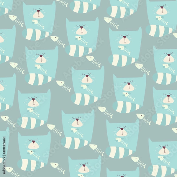 Fototapeta Hand drawn seamless pattern abstract cute cat cartoon premium vector. for kids and baby. Print on t shirts, fabric, linen, textile and wallpaper background

