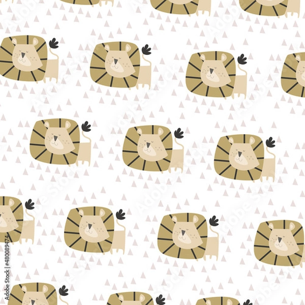 Fototapeta Hand drawn seamless pattern abstract cute lion cartoon premium vector.
for kids and baby. Print on t shirts, fabric, linen, textile and wallpaper background

