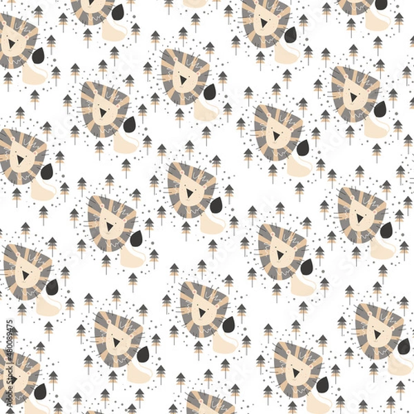 Fototapeta Hand drawn seamless pattern abstract cute lion cartoon premium vector 
for kids and baby. Print on t shirts, fabric, linen, textile and wallpaper background

