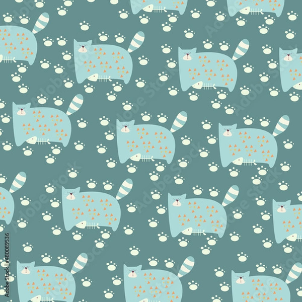 Fototapeta Hand drawn seamless pattern abstract cute cat cartoon premium vector 
for kids and baby. Print on t shirts, fabric, linen, textile and wallpaper background