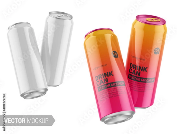 Obraz Two white glossy drink cans mockup. Vector illustration.