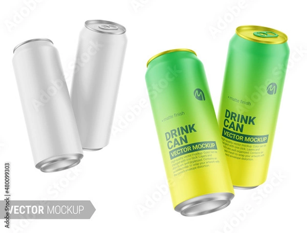 Obraz Two white matte drink cans mockup. Vector illustration.