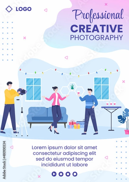 Fototapeta Photographer with Camera and Digital Film Equipment Flyer Template Flat Illustration Editable of Square Background for Social Media or Web