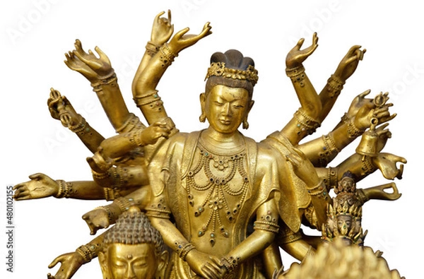 Fototapeta Multi armed Shiva statue isolated on white background with clipping path. Buddha statue with many arms in a Buddhist temple