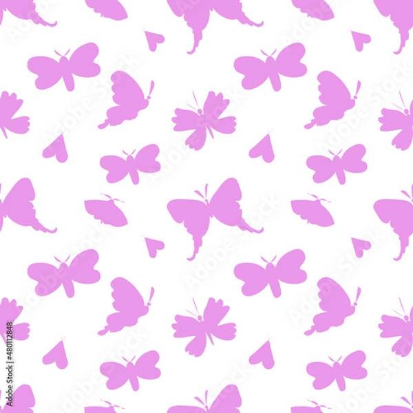 Fototapeta Vector seamless pattern with pink silhouettes of butterflies for Valentine's Day background.Simple print with summer insect in doodle style.Design for packaging,textiles,wrapping paper,scrapbook.