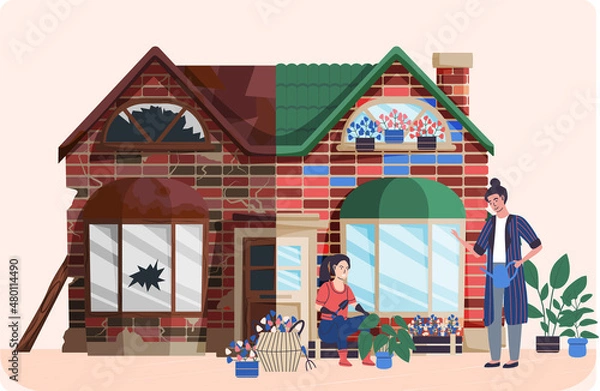 Fototapeta House repair renovation service. Owners standing in front of home before and after overhaul. Restoration of old construction. Remodel building transformation. Reconstruction of destroyed cottage