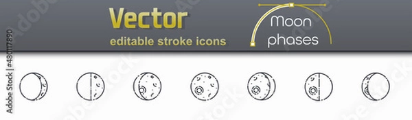 Fototapeta Vector editable stroke set of moon phases line icons