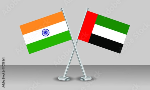 Obraz Crossed flags of United Arab Emirates (UAE) and India. Official colors. Correct proportion. Banner design