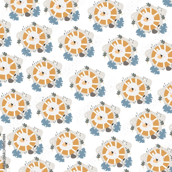 Fototapeta Hand drawn seamless pattern abstract cute lion cartoon premium vector 
for kids and baby. Print on t shirts, fabric, linen, textile and wallpaper background