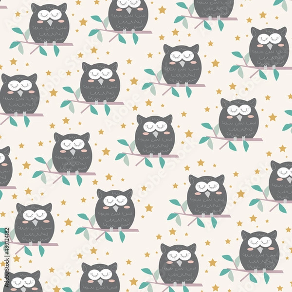 Fototapeta Hand drawn seamless pattern abstract cute sleeping owl cartoon premium vector 
for kids and baby. Print on cloth, fabric, linen, textile and wallpaper background