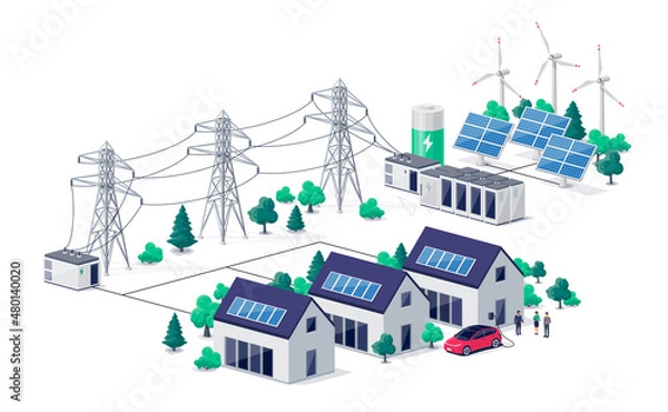 Fototapeta Renewable energy power distribution with family house residence buildings, solar panel plant station, wind and high voltage electricity grid pylons, electric transformer. Smart virtual battery storage