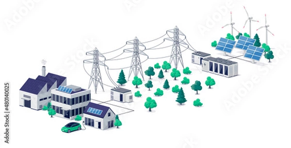 Fototapeta Renewable energy power distribution with house office factory buildings, solar panel plant station, wind and high voltage electricity grid pylons, electric transformer. Smart virtual battery storage.