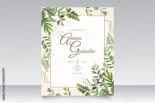 Obraz beautiful leaves wedding invitation card template Premium Vector