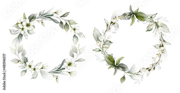 Fototapeta Set of spring wreaths on a white background in a watercolor style