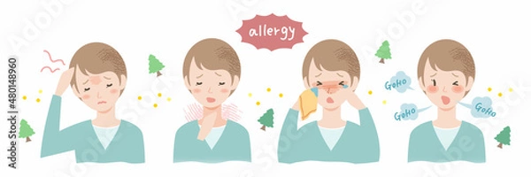 Obraz 花粉症の症状のおしゃれなイラスト 横長 バナー ヘッダー