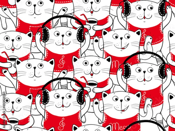 Fototapeta Cute cartoon character cats with coffee, headphones, phone. Set of funny cats illustration. Seamless pattern with cat