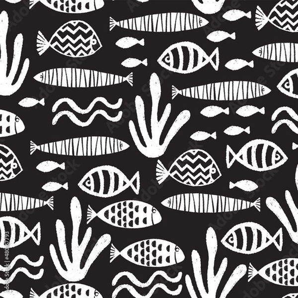 Fototapeta Fish pattern block print seamless vector texture background. Repeat cute kids ocean animal black and white pattern swatch. Distressed block print all over textile for fabric, wallpaper, children wear.