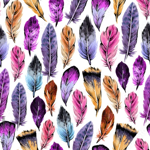 Fototapeta Bird feathers seamless pattern. Hand drawing watercolor. Design wallpaper, fabrics, packaging.	